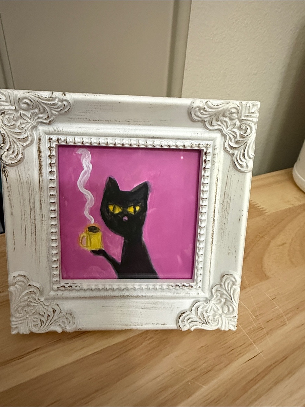 Hand-Painted Black Cat Mini Canvas with White Ornate Frame - Pink Background - Picture 3 of 3